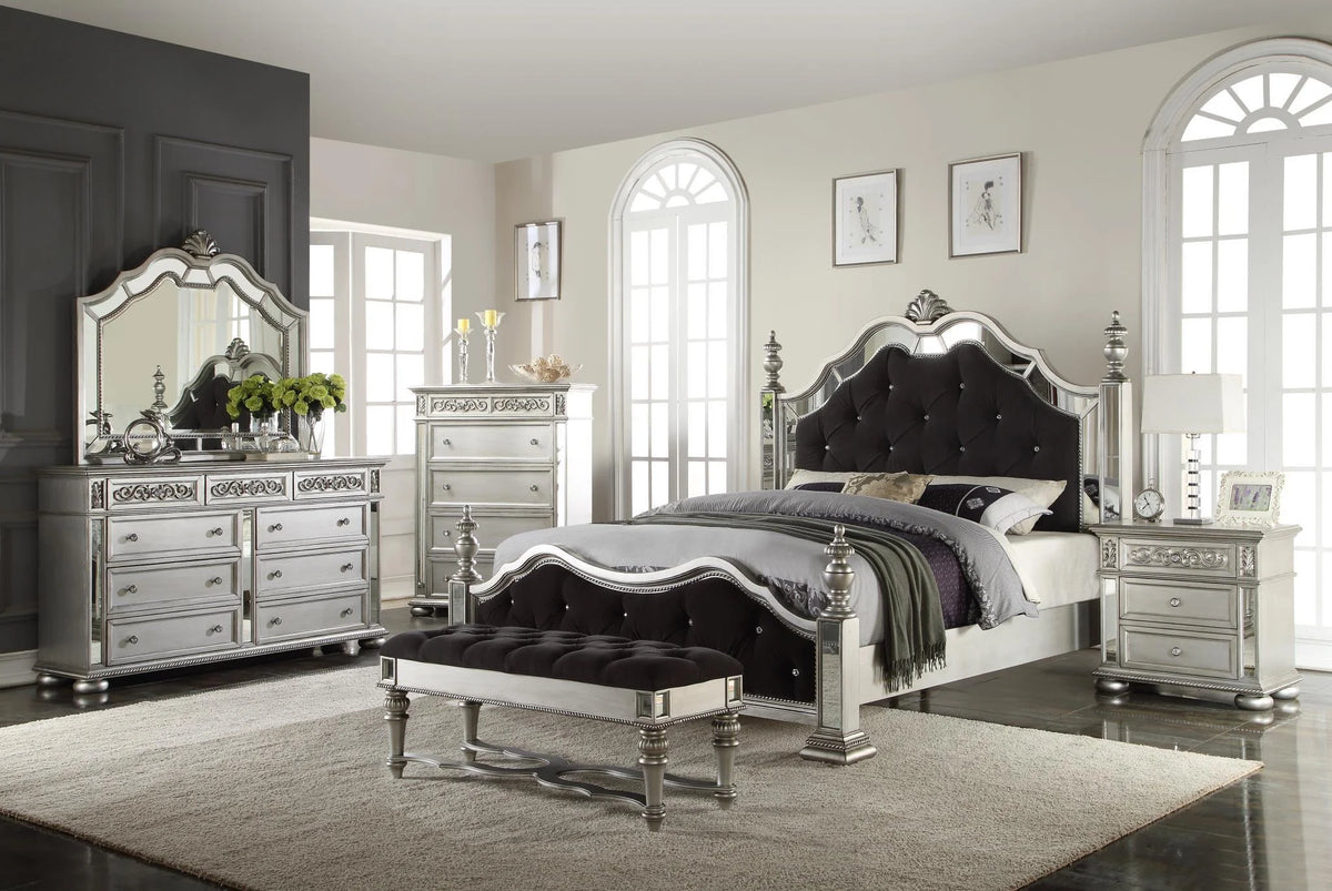 Black Silver Mirror Queen Bedroom Set 4Pcs J69889