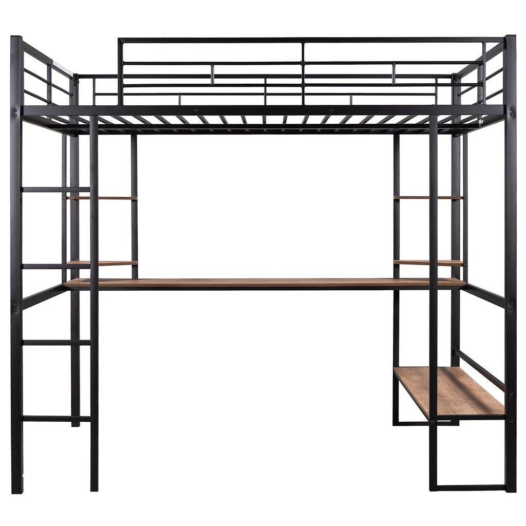 Black Full Metal Loft Bed with Desk and Storage Shelves K56481