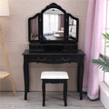 Black Trifold Mirror Vanity Table Set with Cushioned Stool 4 Drawer F359203