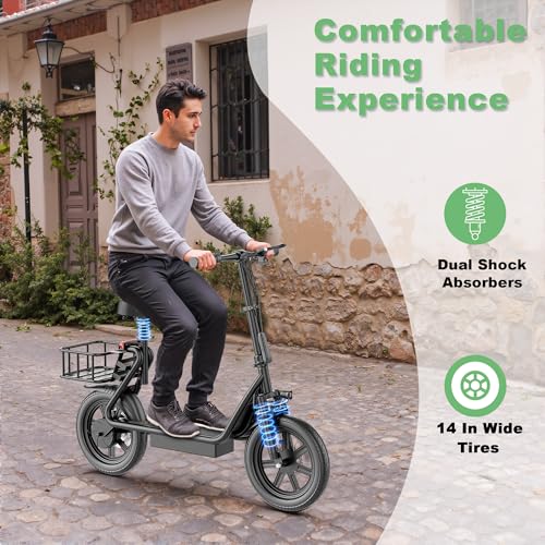 Electric Scooter with Seat, 500W Motor, 14'' Pneumatic Tires, Foldable O751421