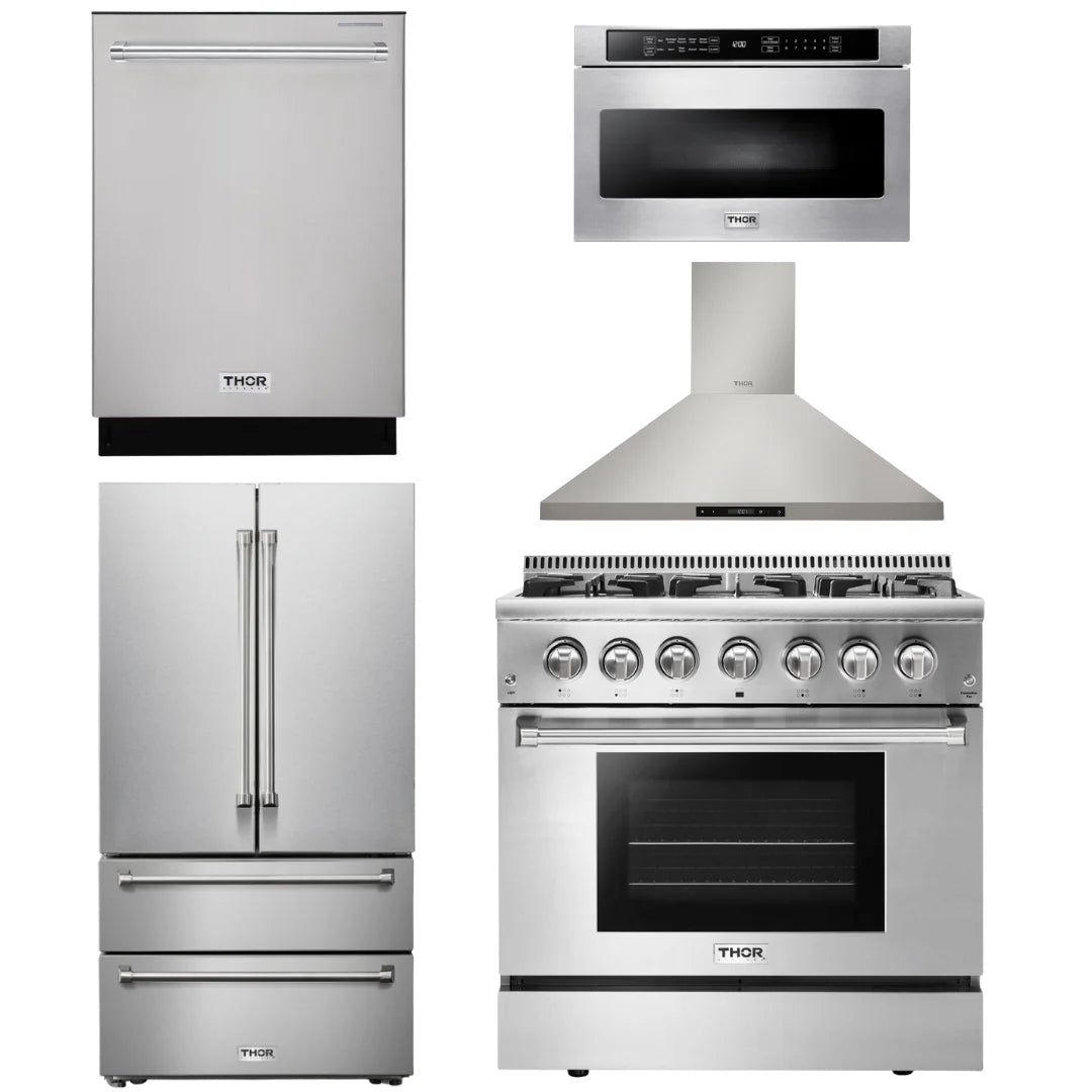 36 In. Propane Gas Range, Range Hood, Microwave Drawer, Refrigerator, Dishwasher M39369