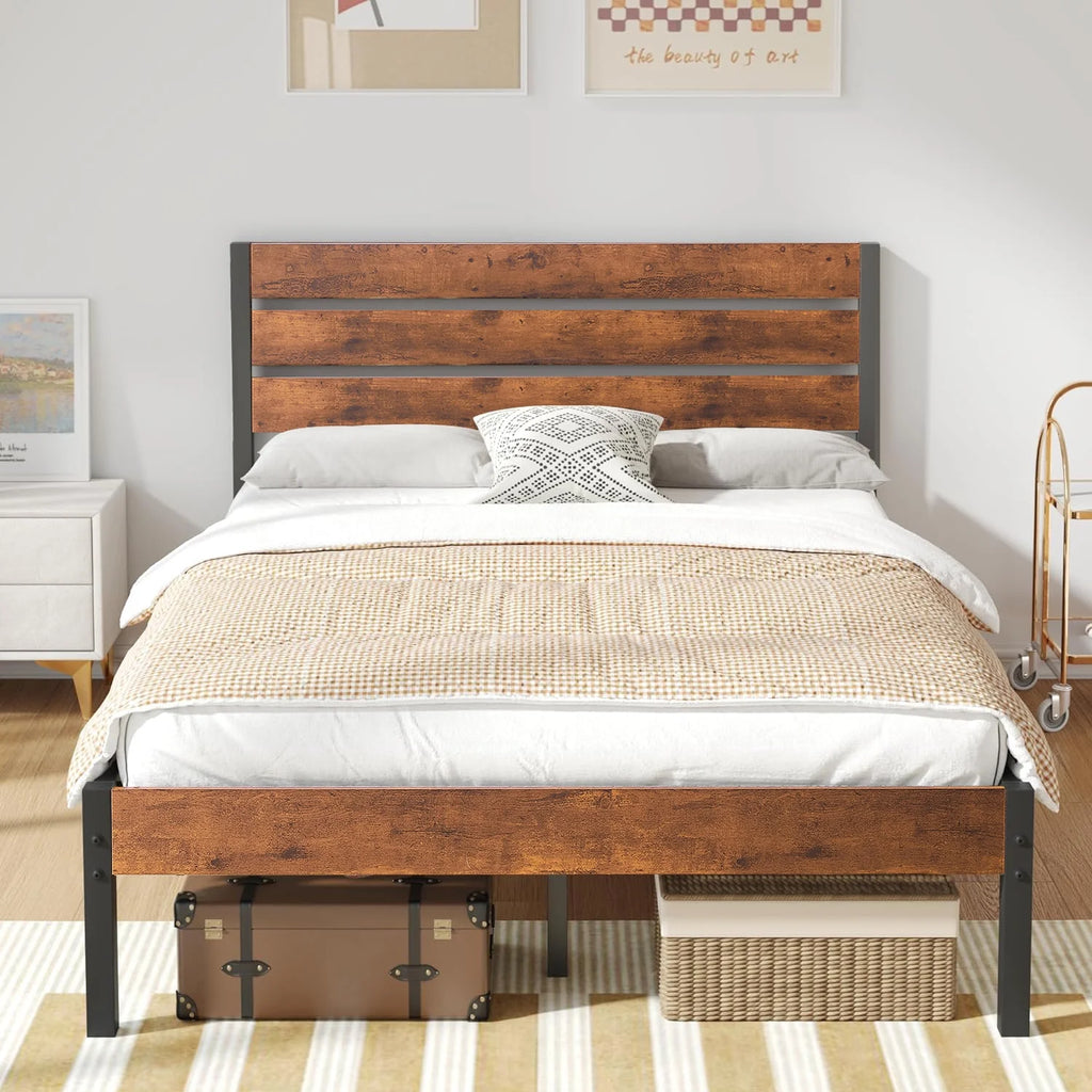 Queen Bed Frame with Wooden Headboard and Metal Slats M2300