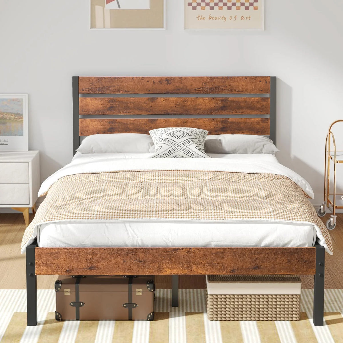 Queen Bed Frame with Wooden Headboard and Metal Slats M2300
