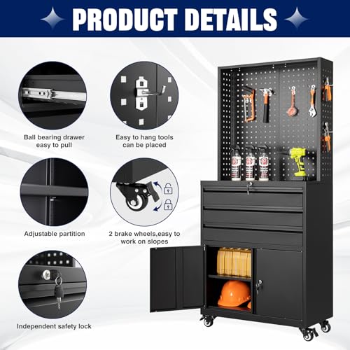 Metal Garage Storage Cabinet with Wheels, 3-Drawer Rolling Tool Cabinet E825