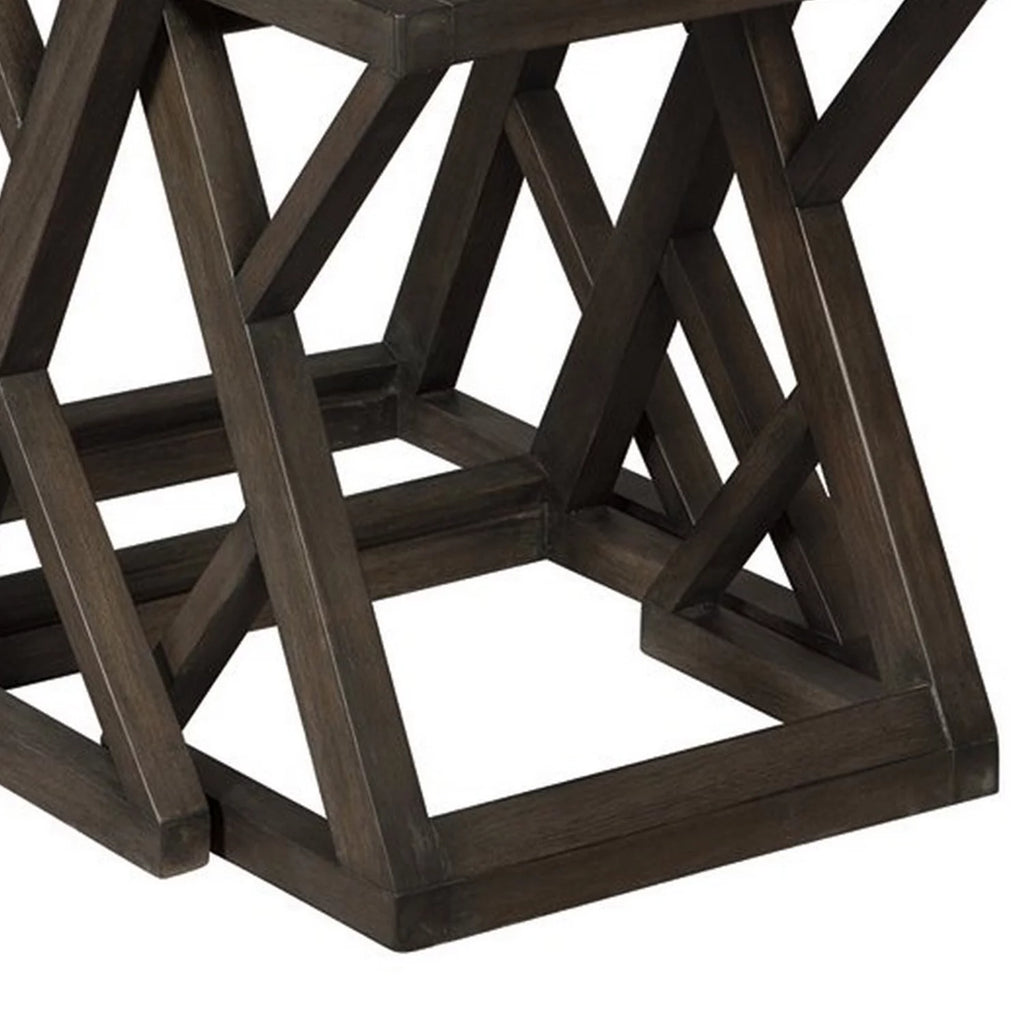 Wooden Nesting Accent Table with Geometric Design Base, Set of 3, Brown E7214