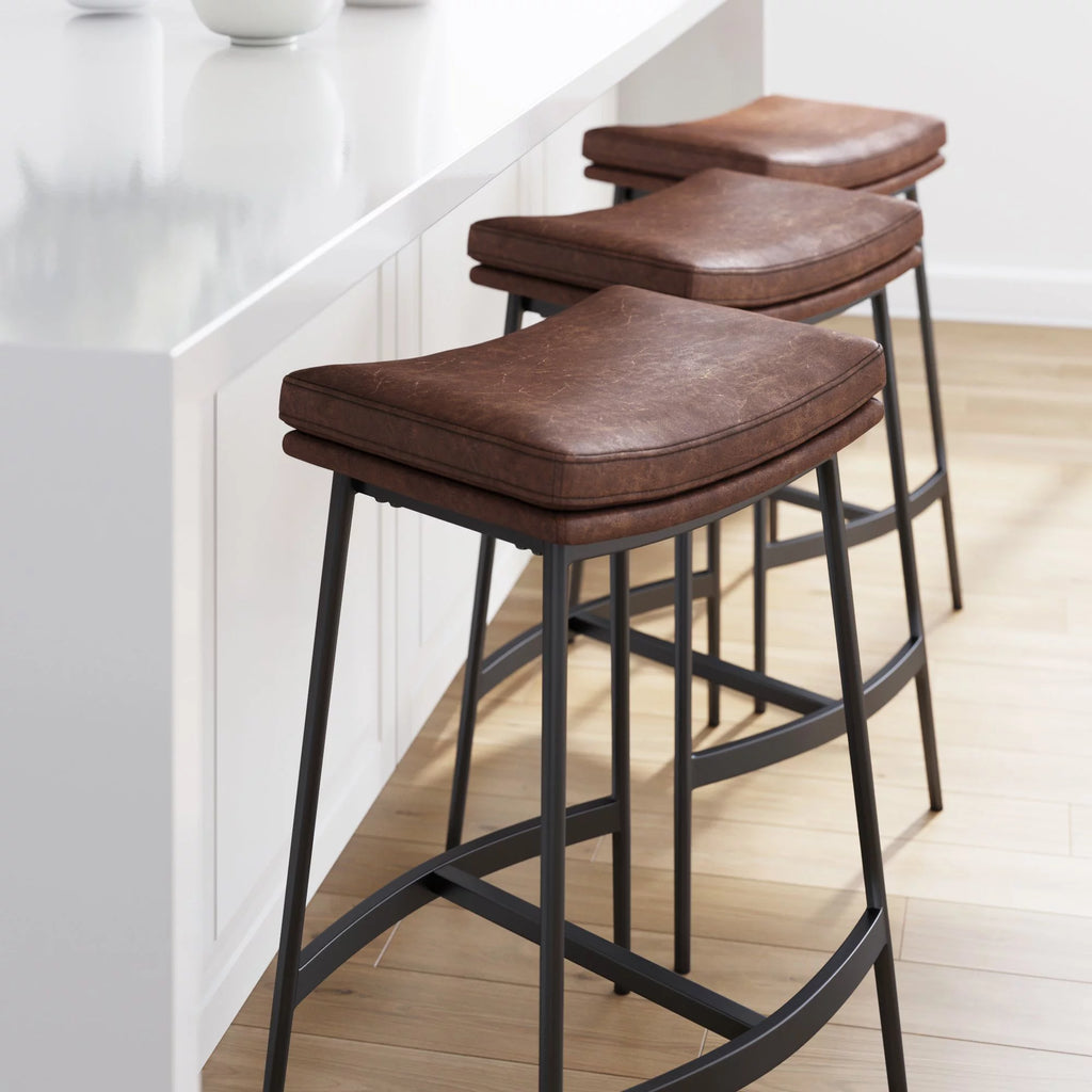 Brown Backless Upholstered Bar Stool with Metal Base U95866