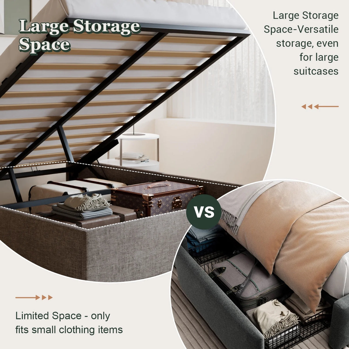 King Size Upholstered Storage Platform Bed Frame with Wingback Headboard T3733