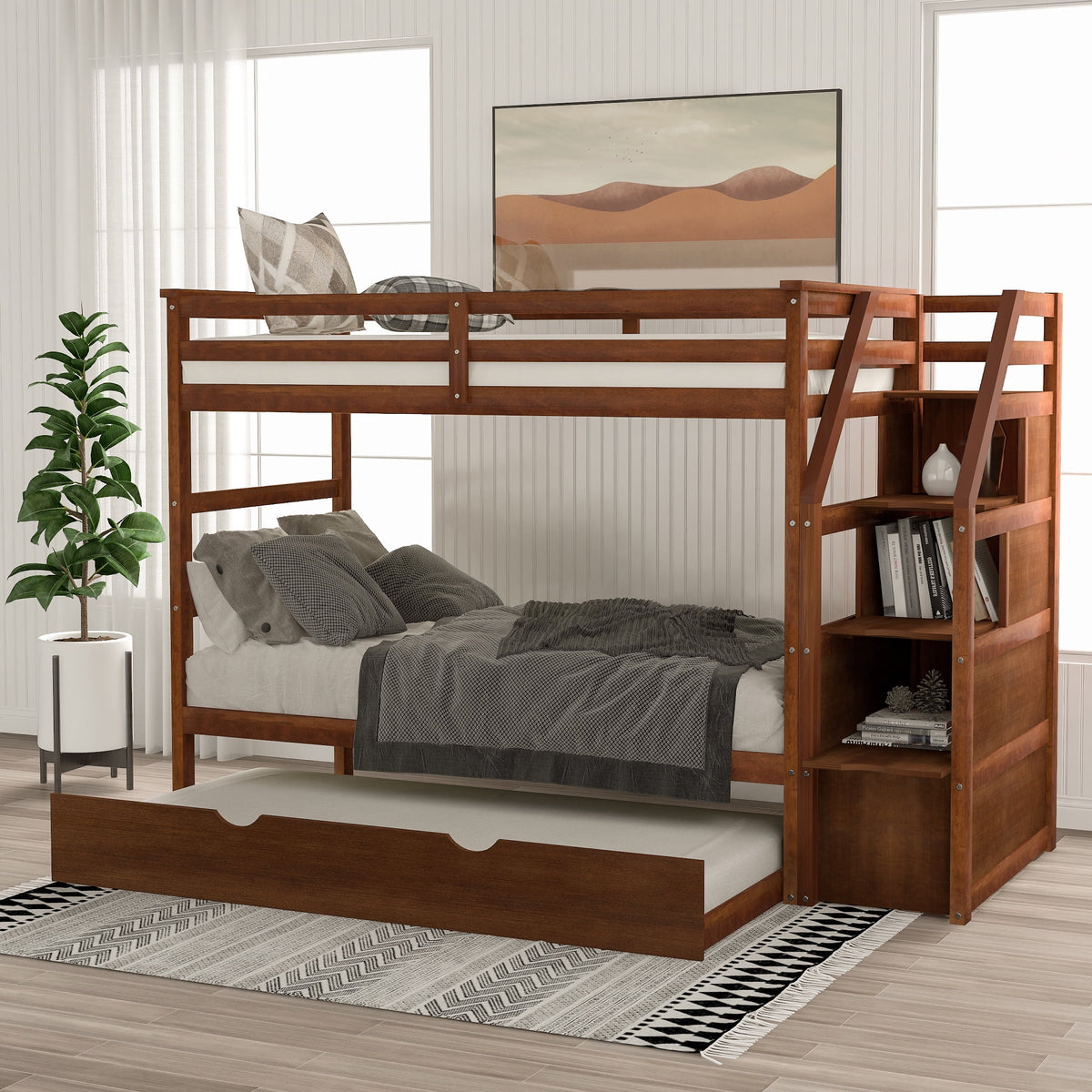 Walnut Twin-Over-Twin Bunk Bed with Trundle and Storage Stairs A37830
