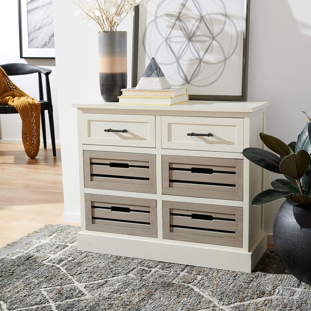 Distressed White And Greige 6 Drawer Storage Chest U428609
