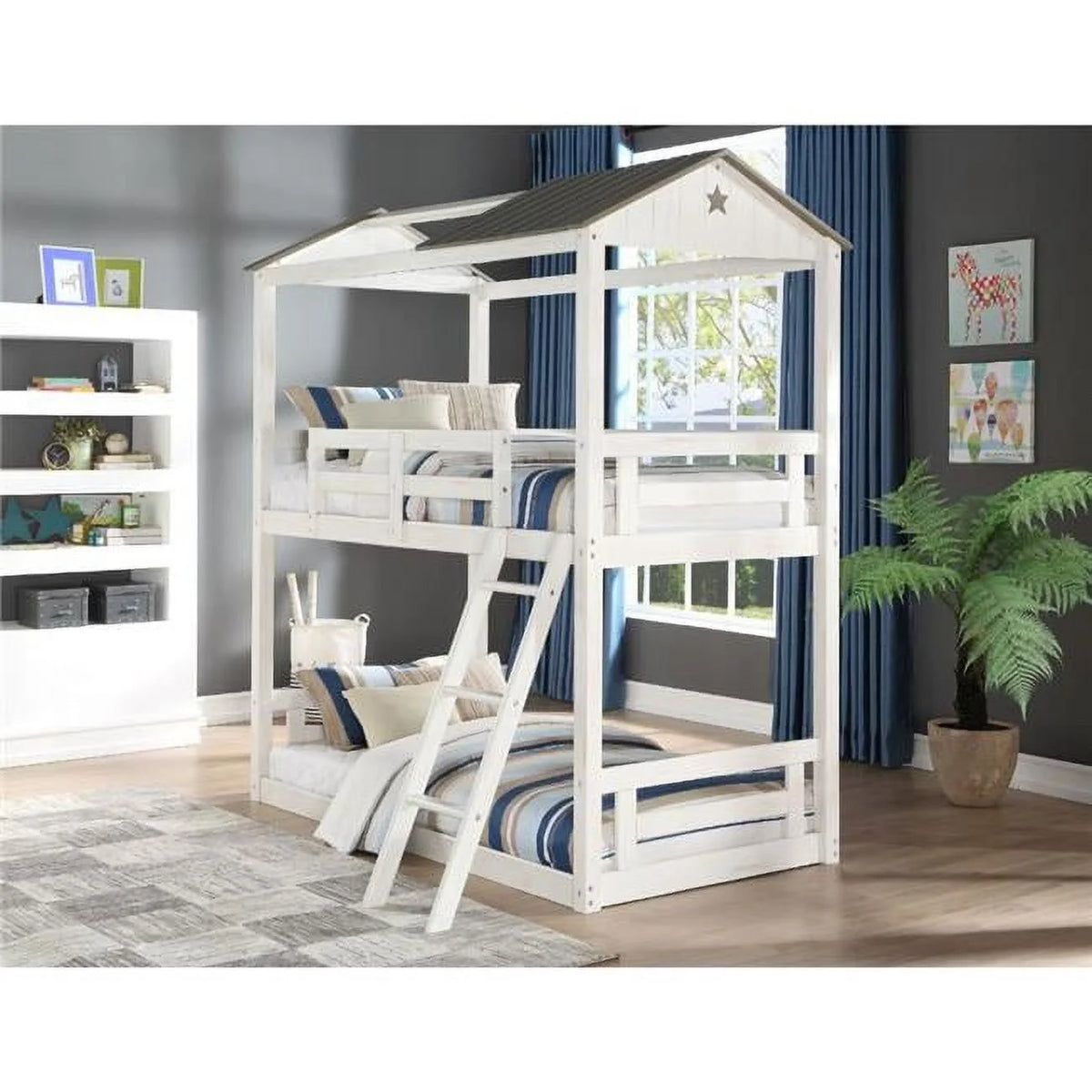 Twin Size Weathered White Washed Gray Bunk Bed H199