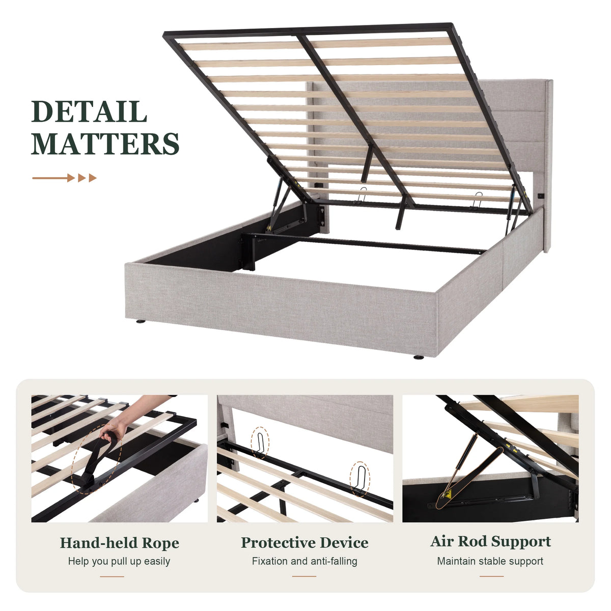 King Size Upholstered Storage Platform Bed Frame with Wingback Headboard T3733