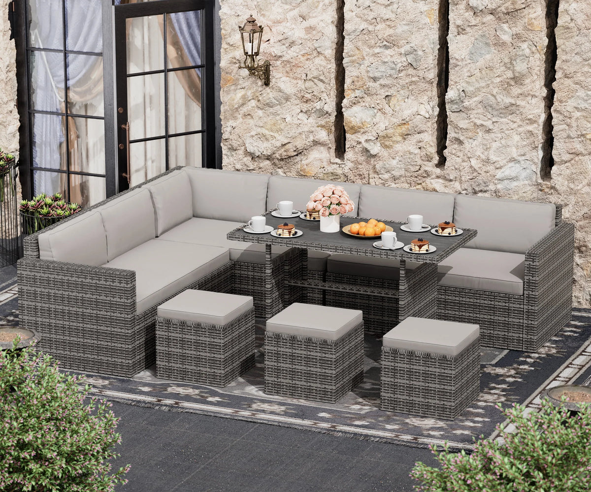7 Piece PE Rattan Patio Sectional Sofa with Beige Cushions and Table X496095