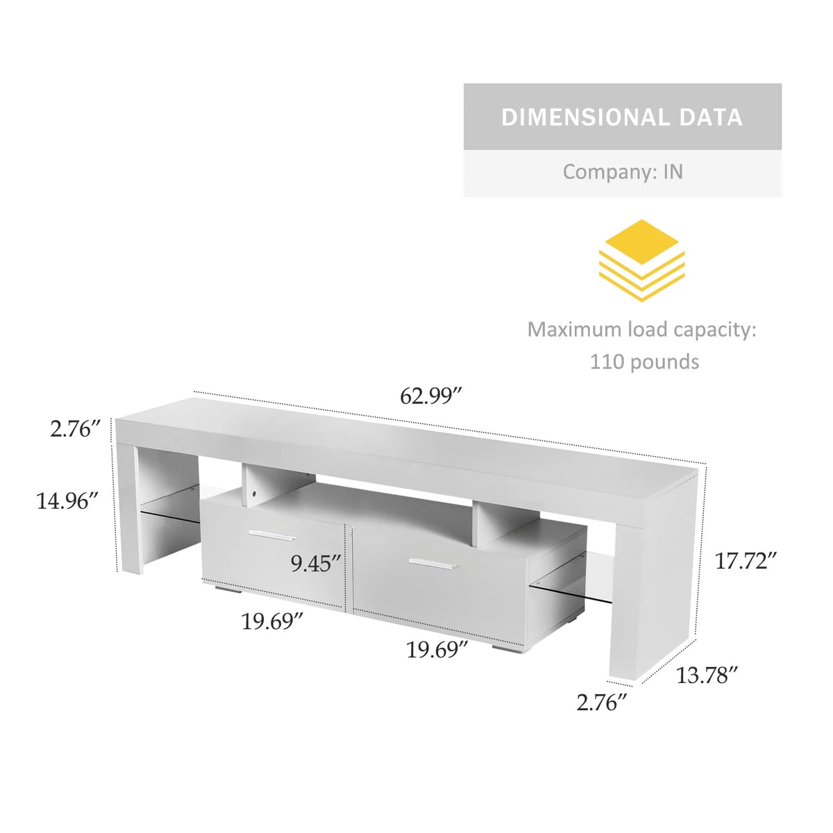 White Solid Wood TV Stand with LED Lights and Storage Drawer U4349