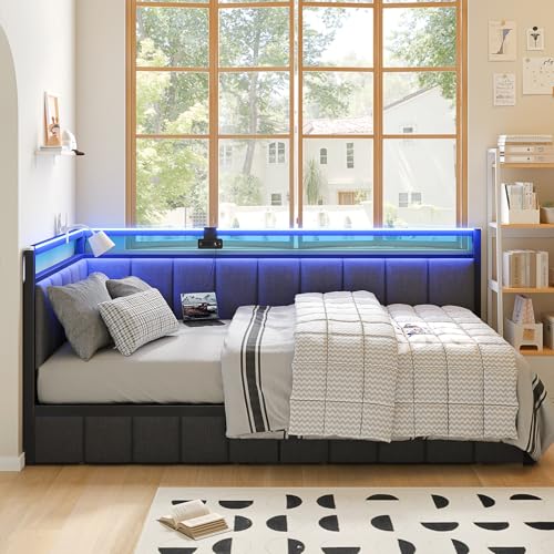 Gray Twin Size Corner Bed Frame with Storage Drawers P87646