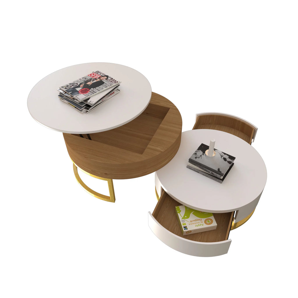 Round Lift-Top Coffee Table Set of 2 Brown White R6720