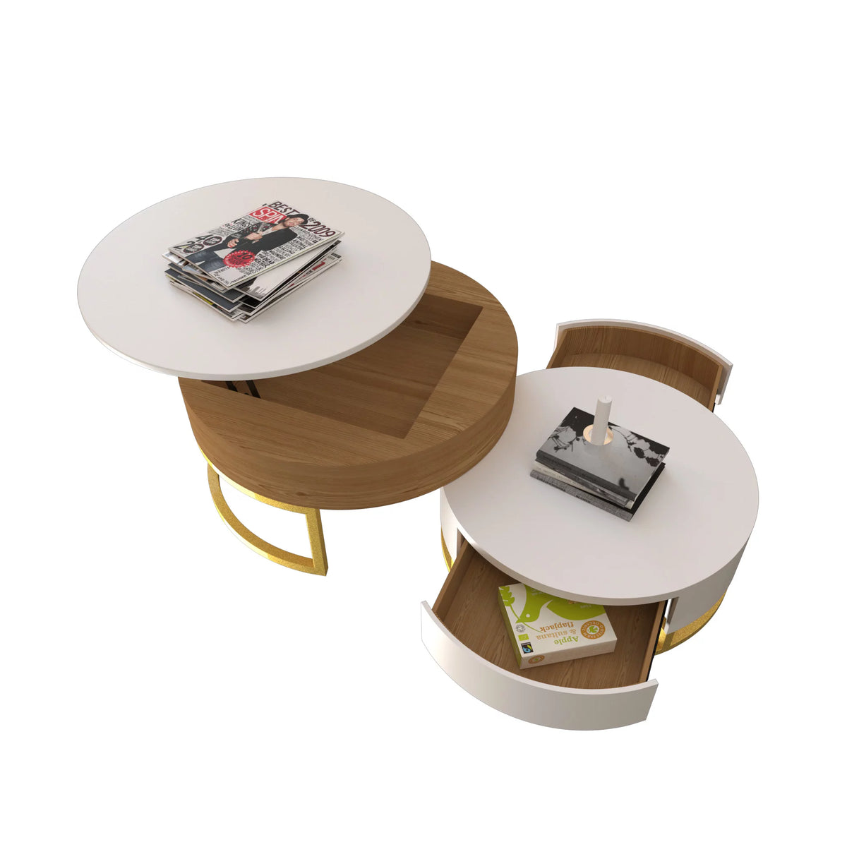 Round Lift-Top Coffee Table Set of 2 Brown White R6720