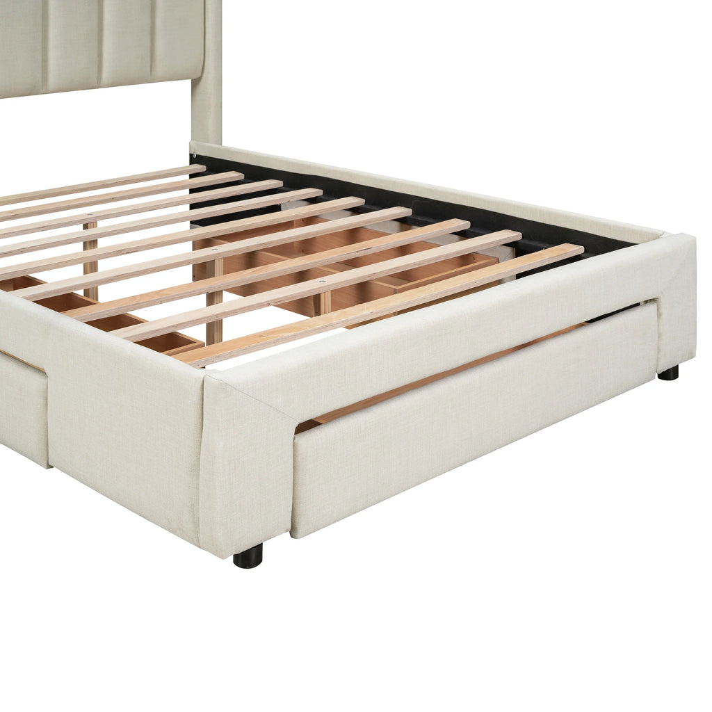 Beige Queen Size Upholstered Platform Bed with 3 Storage Drawers B22169