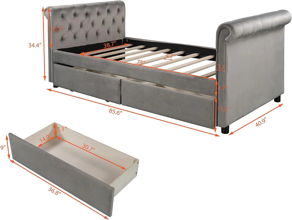 Gray Upholstered Daybed with Drawers N8854
