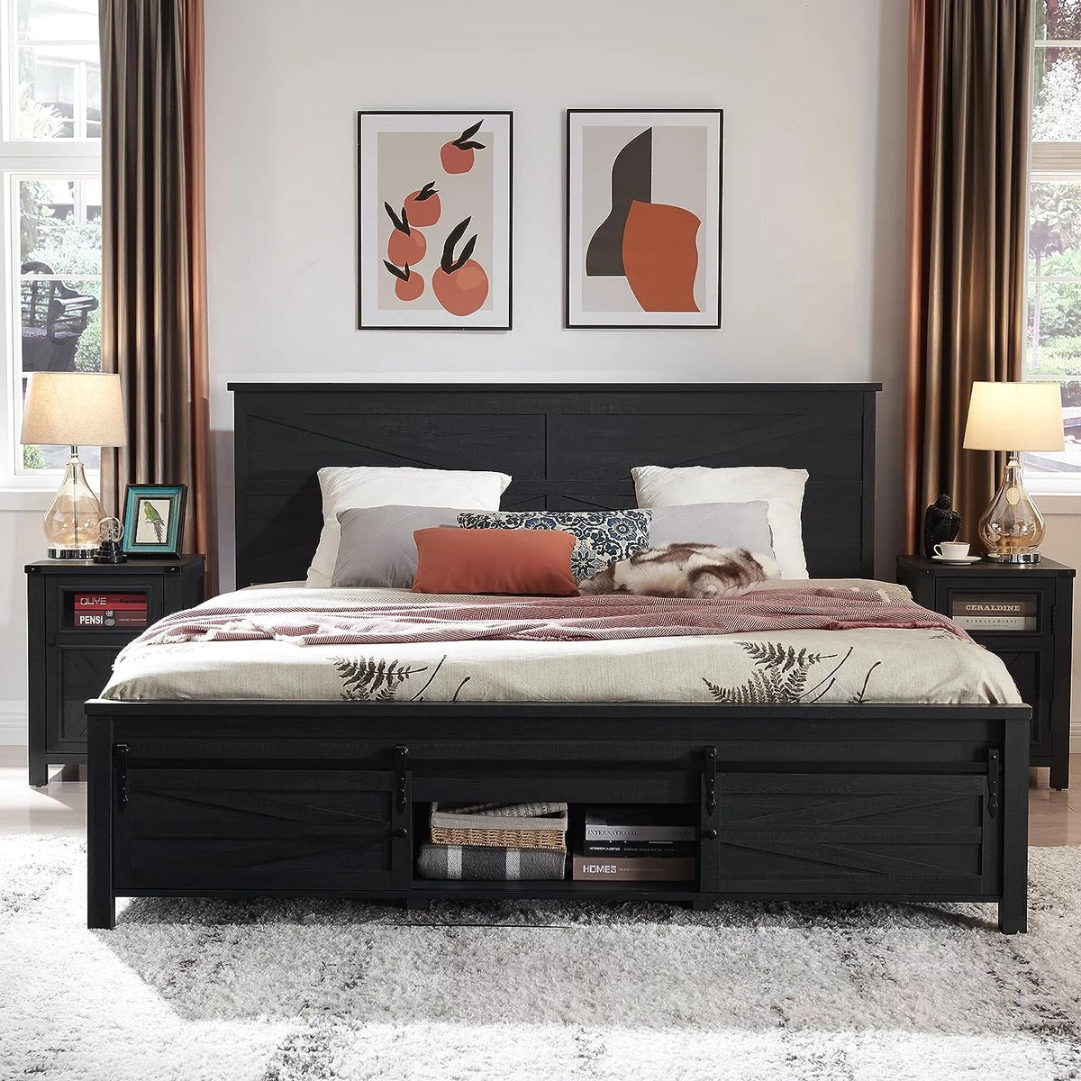 White King Size Platform Bed Frame with Headboard and Storage F1038