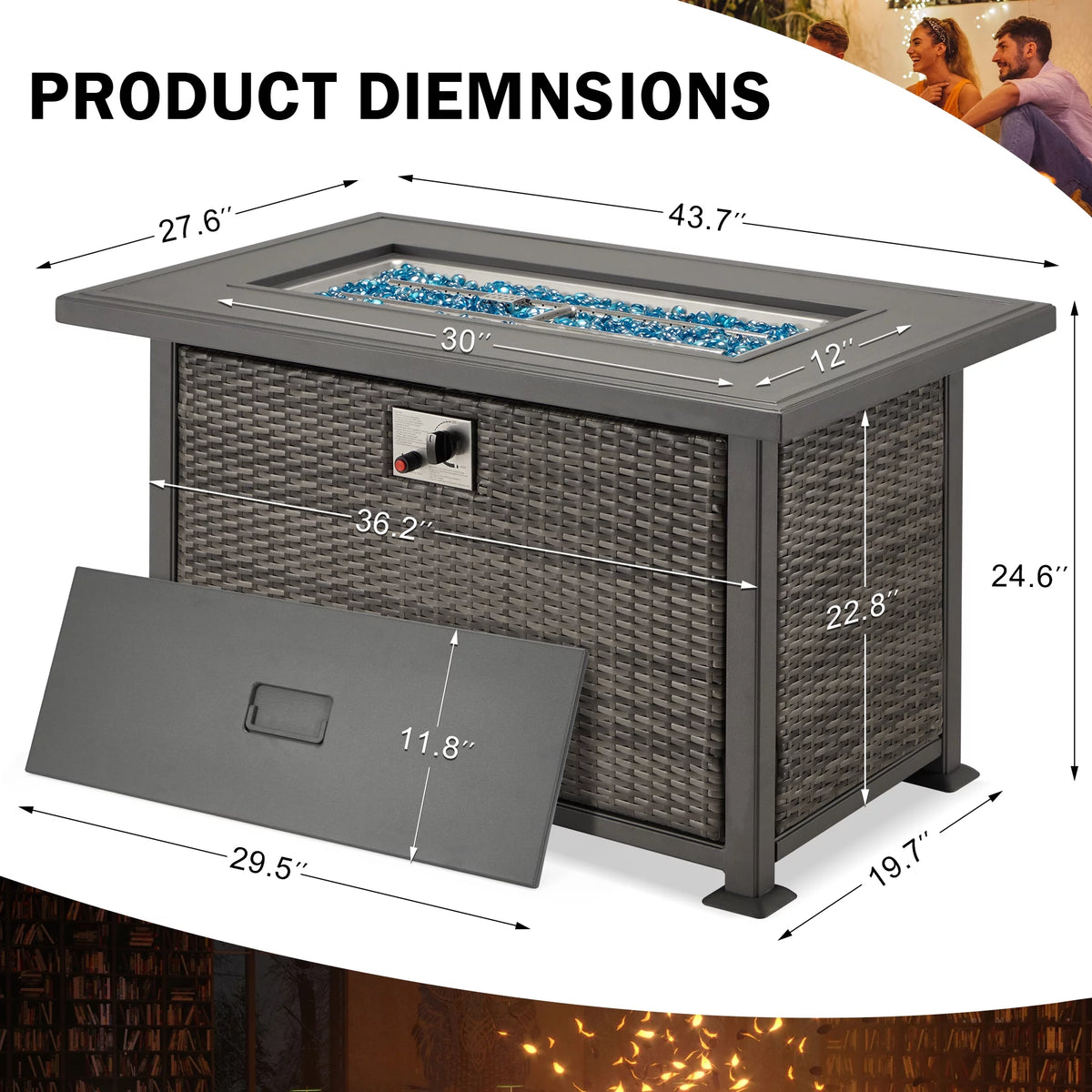 44" Propane Fire Pit Table with 2 Hidden Side Hooks, Dark Gray G1250