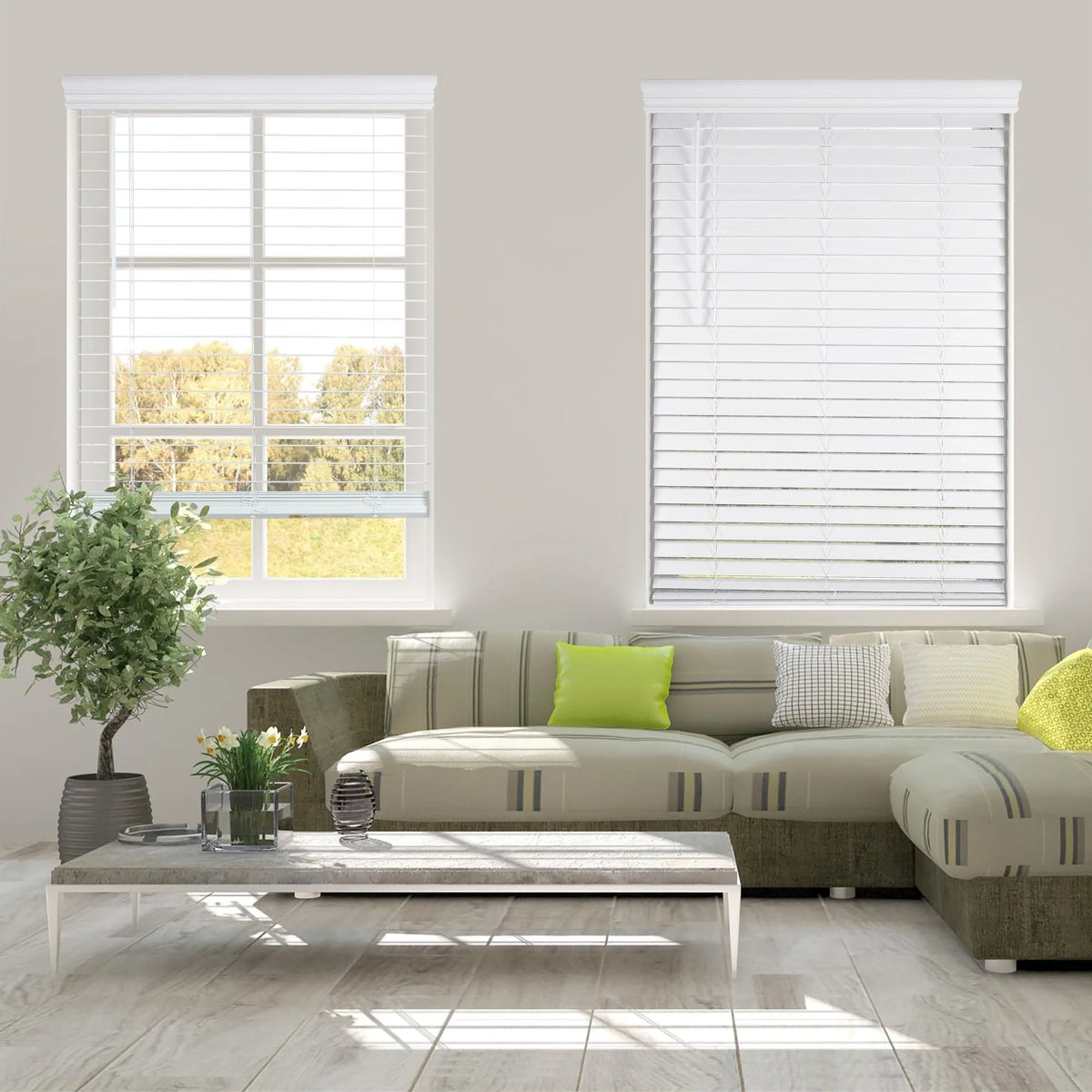 White Cordless 2” Slat Faux Wood Blind V191695