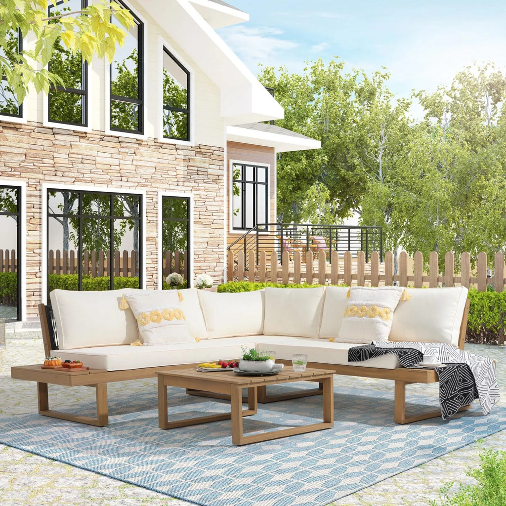 4-Piece Acacia Wood Patio Sofa Set with Cream White Cushion L535642