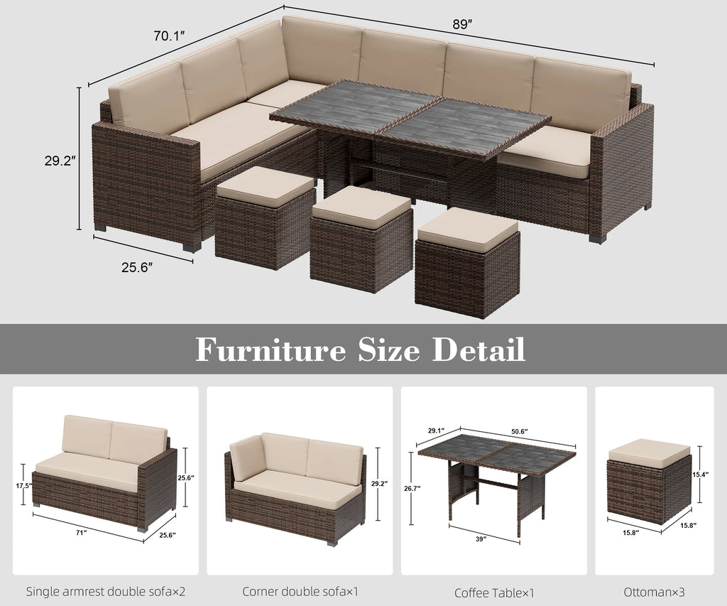 7 Piece PE Rattan Patio Sectional Sofa with Beige Cushions and Table X496095