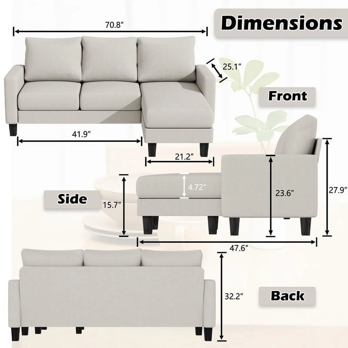 Modern Linen Fabric L-Shaped Sectional Sofa with Reversible Chaise, Dark Gray G386555