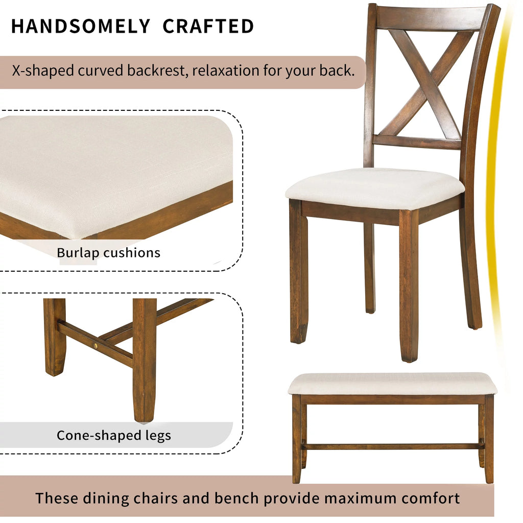 6-Piece Dining Table Set with 4 Upholstered Chairs and Bench E129