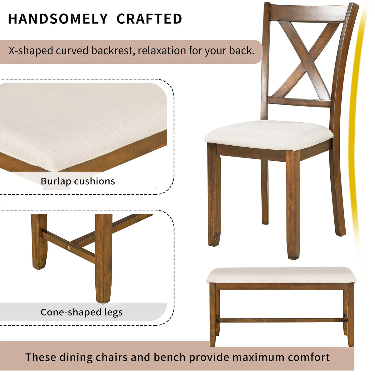 6-Piece Dining Table Set with 4 Upholstered Chairs and Bench E129