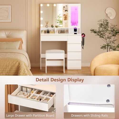White Vanity Desk with Mirror and Lights, Stool, 5 Drawers and Open Shelves K828