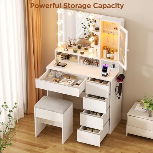 White Vanity Desk with Mirror and Lights, Stool, 5 Drawers and Open Shelves K828