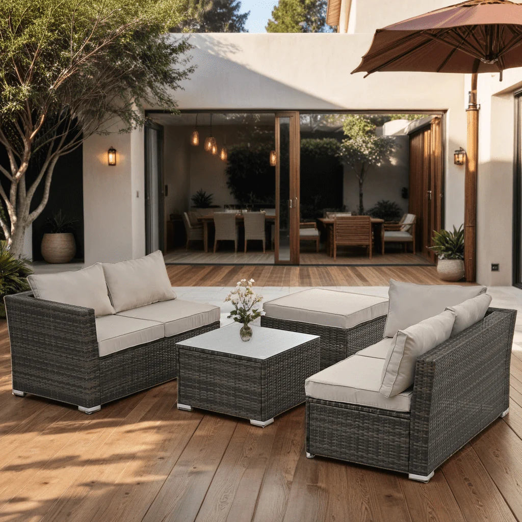 4 Piece All Weather Wicker Patio Sofa Set with Cushion and Glass Table Q924