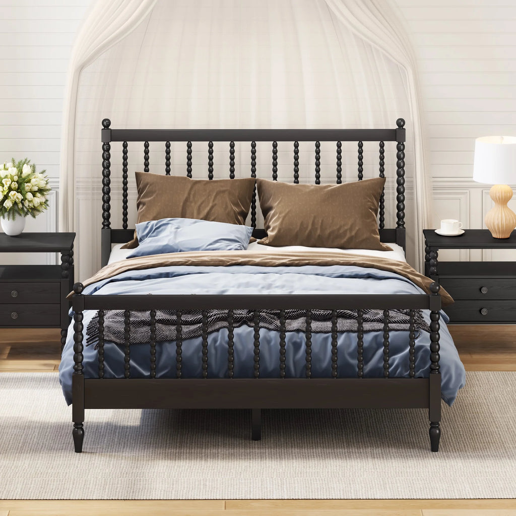 Queen Size Wood Platform Bed with Headboard and Footboard Black E550237