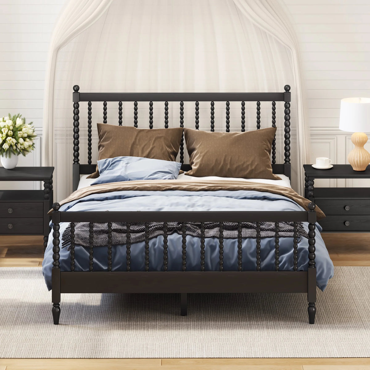 Queen Size Wood Platform Bed with Headboard and Footboard Black E550237