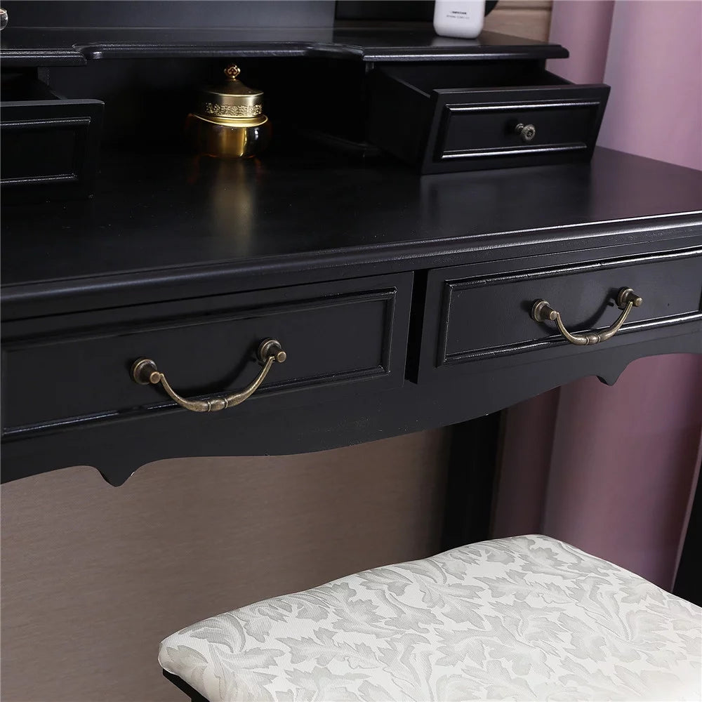 Black Trifold Mirror Vanity Table Set with Cushioned Stool 4 Drawer F359203