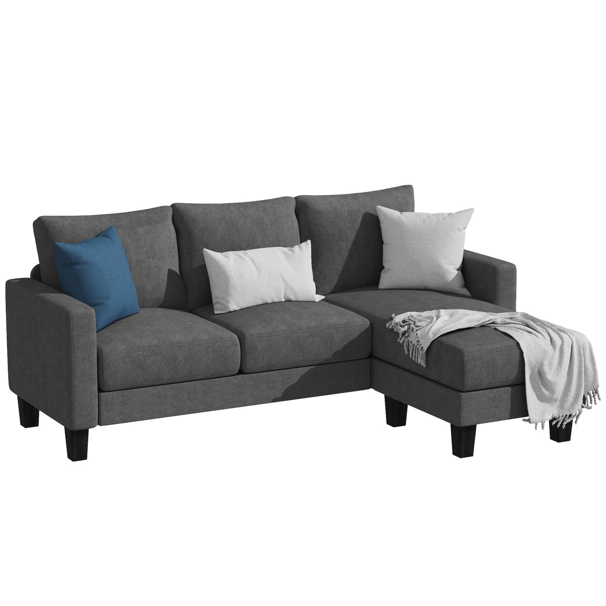 Modern Linen Fabric L-Shaped Sectional Sofa with Reversible Chaise, Dark Gray G386555