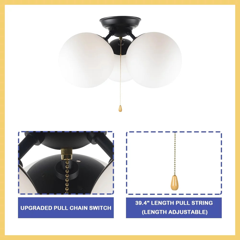 Modern Pull Chain Ceiling Light Fixture with White Glass Shades, Black Metal 3-Light B5294