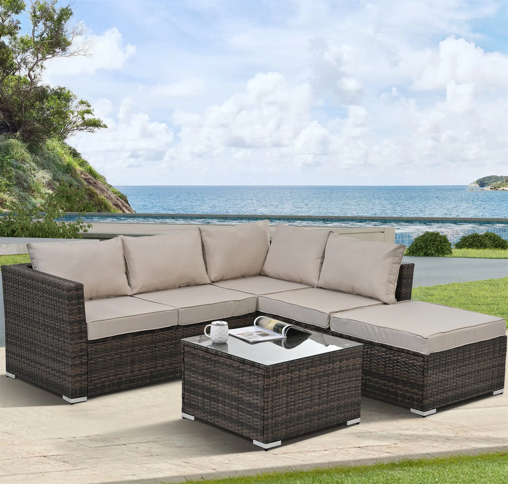 4 Piece All Weather Wicker Patio Sofa Set with Cushion and Glass Table Q924