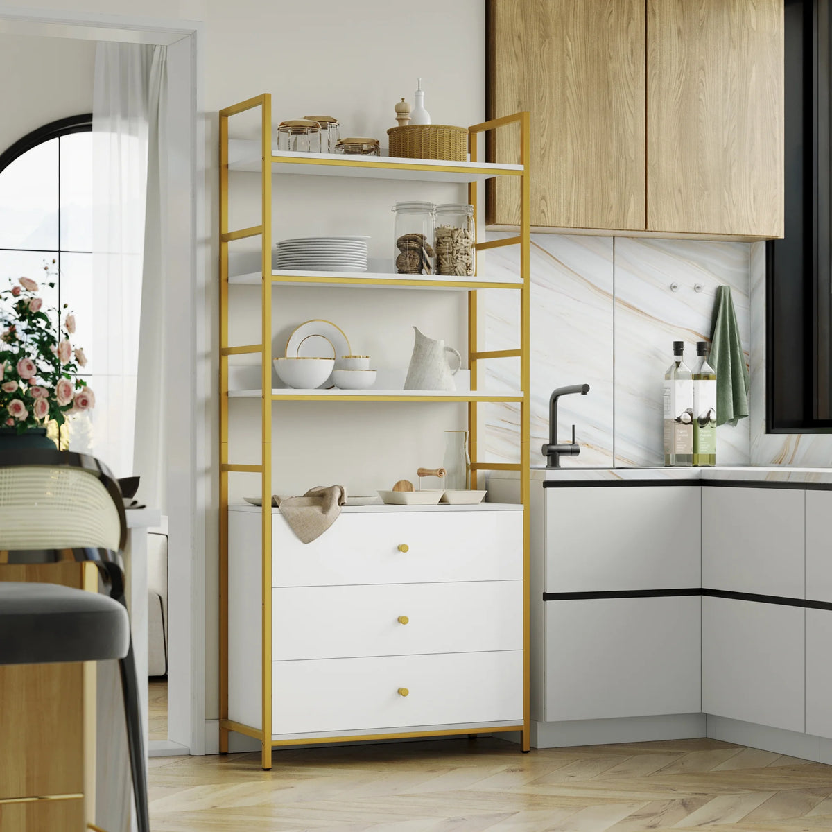 4 Tier Gold Bookcase with 3 Drawers Q28364