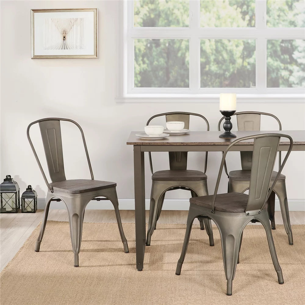 Set of 4 Metal Dining Chair with Wooden Seat Stackable O16524