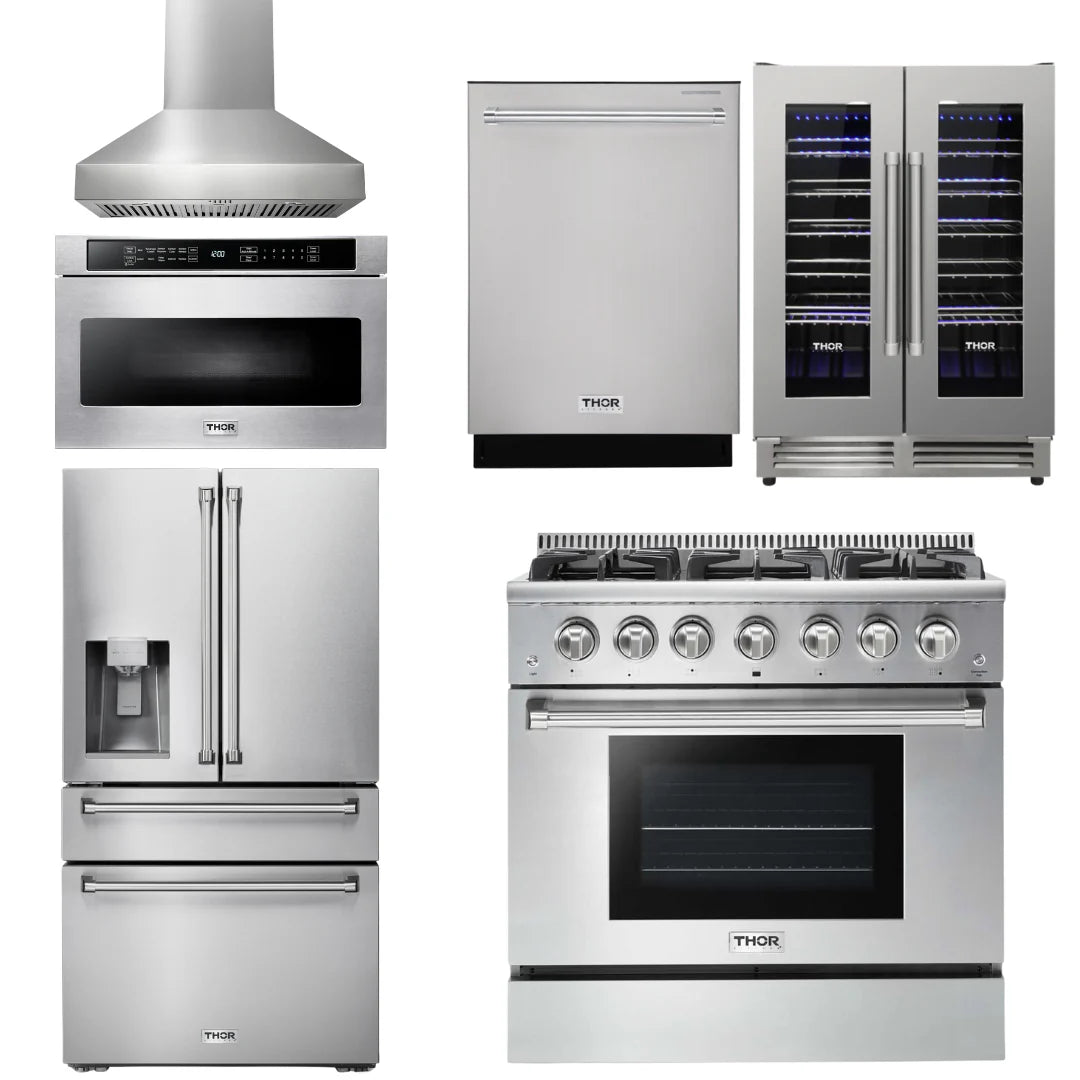 36 Propane Gas Range, Range Hood, Microwave, Refrigerator, Dishwasher, Wine Cooler A9671