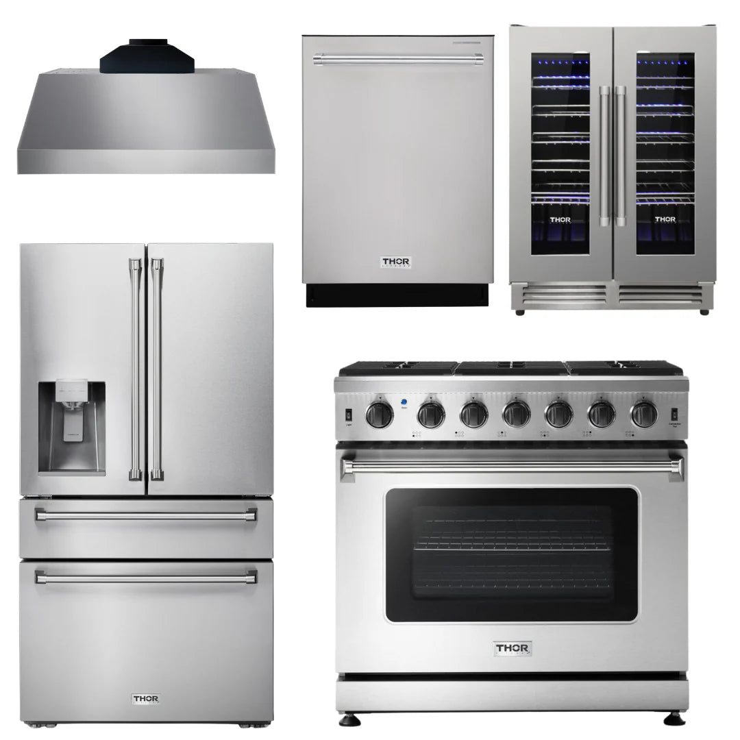36 Gas Range, Range Hood, Refrigerator with Water and Ice Dispenser, Dishwasher, Wine Cooler Z352946