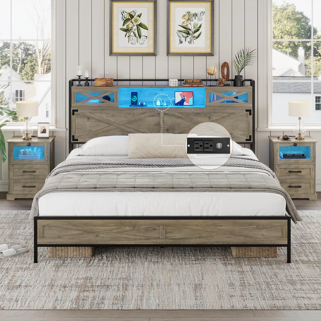 Queen Size Metal Platform Bed Frame with Storage Headboard C3947