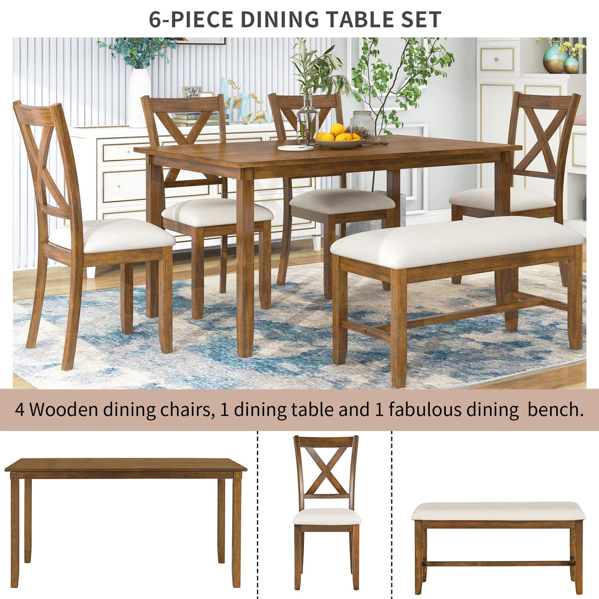6-Piece Dining Table Set with 4 Upholstered Chairs and Bench E129