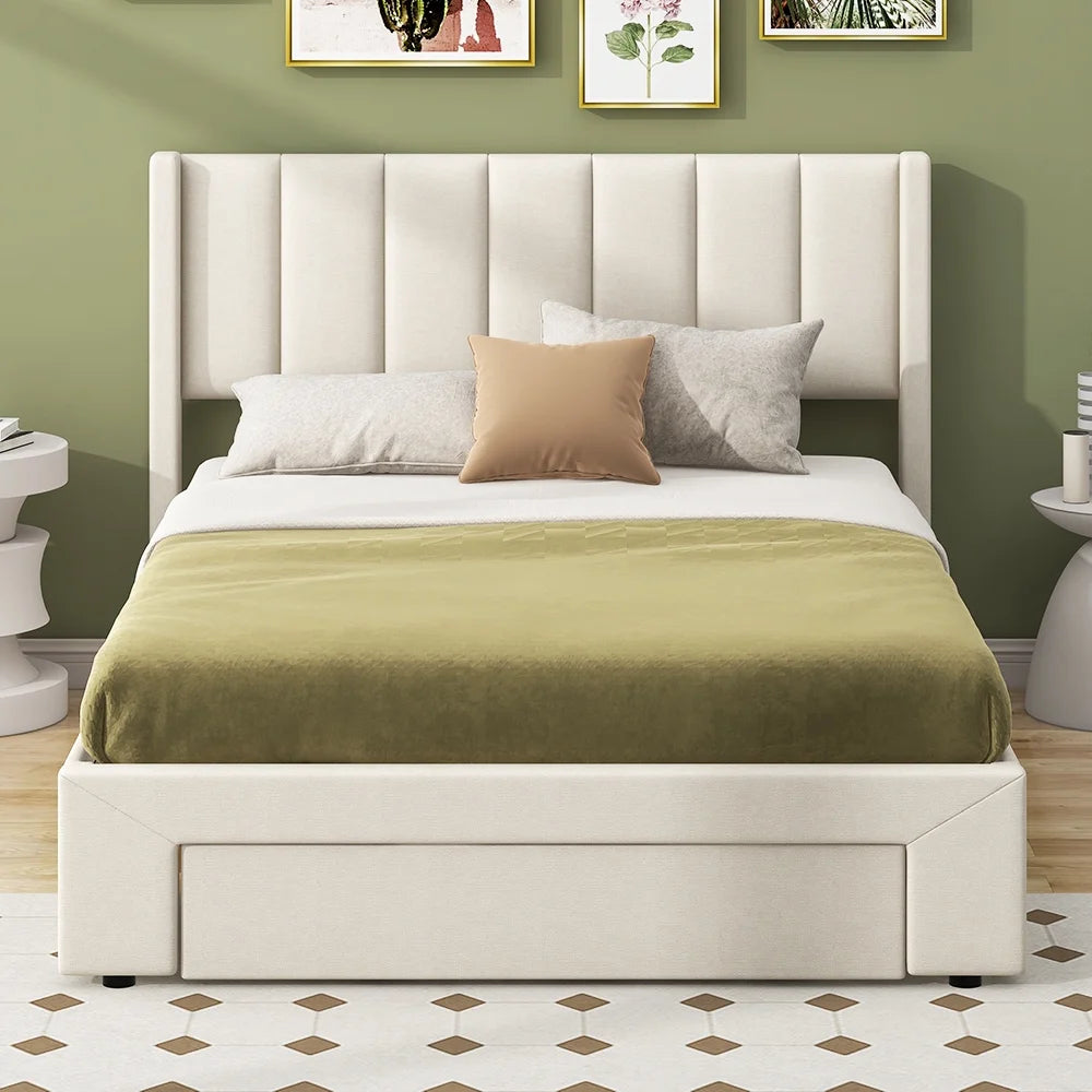 Beige Queen Size Upholstered Platform Bed with 3 Storage Drawers B22169