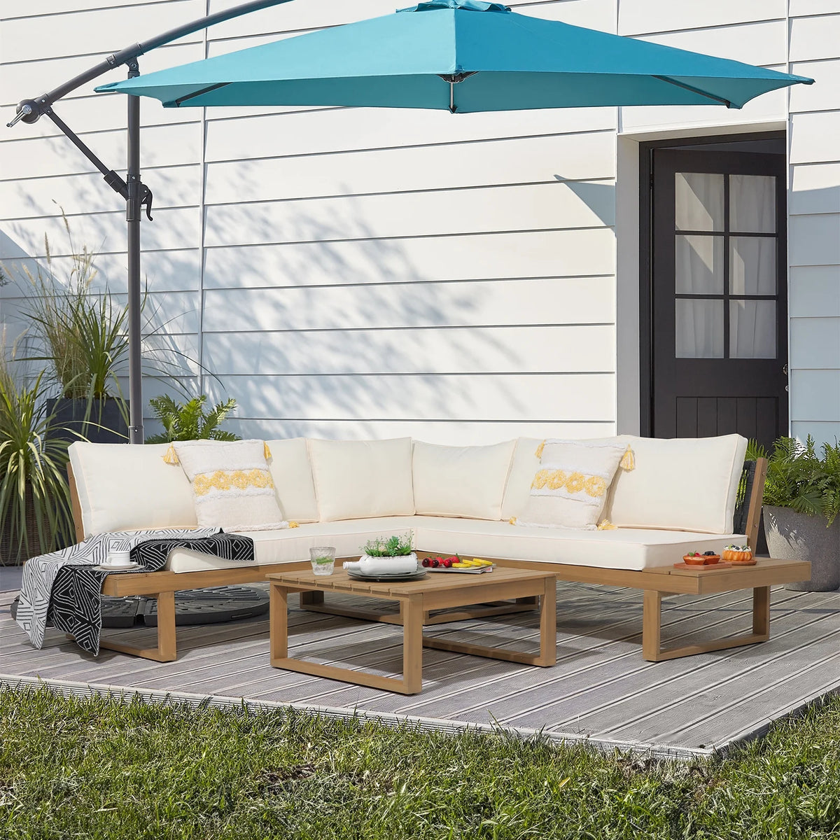 4-Piece Acacia Wood Patio Sofa Set with Cream White Cushion L535642