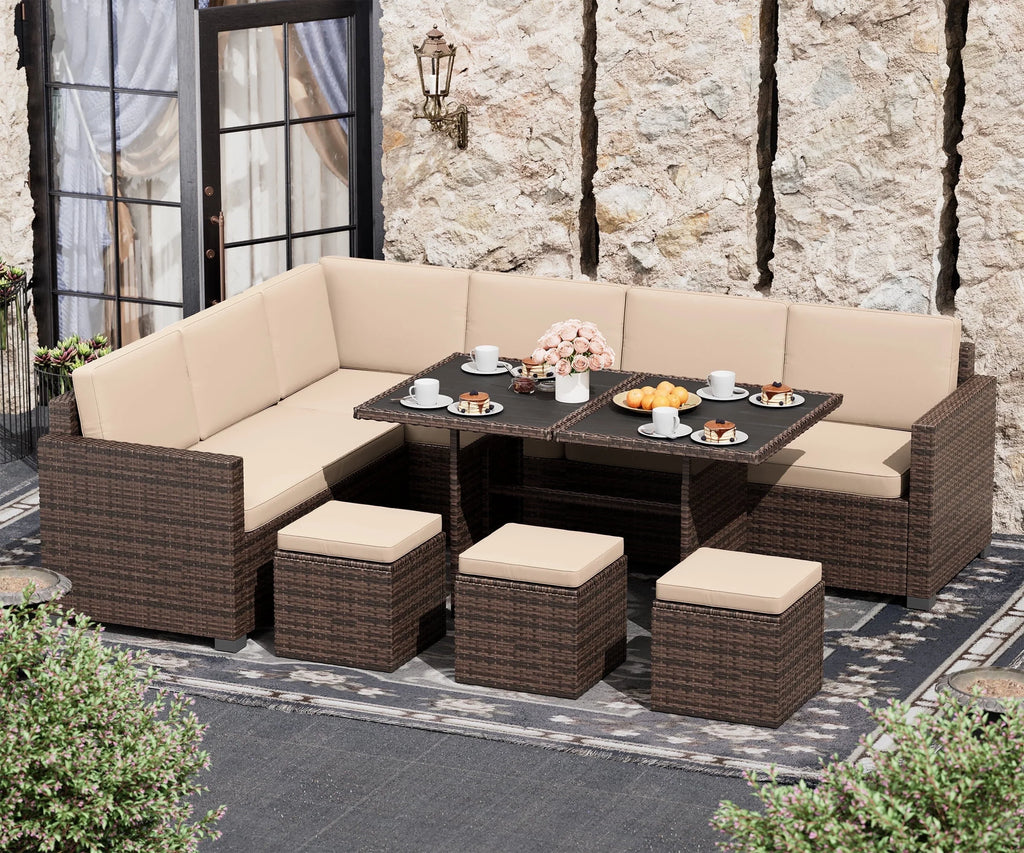 7 Piece PE Rattan Patio Sectional Sofa with Beige Cushions and Table X496095