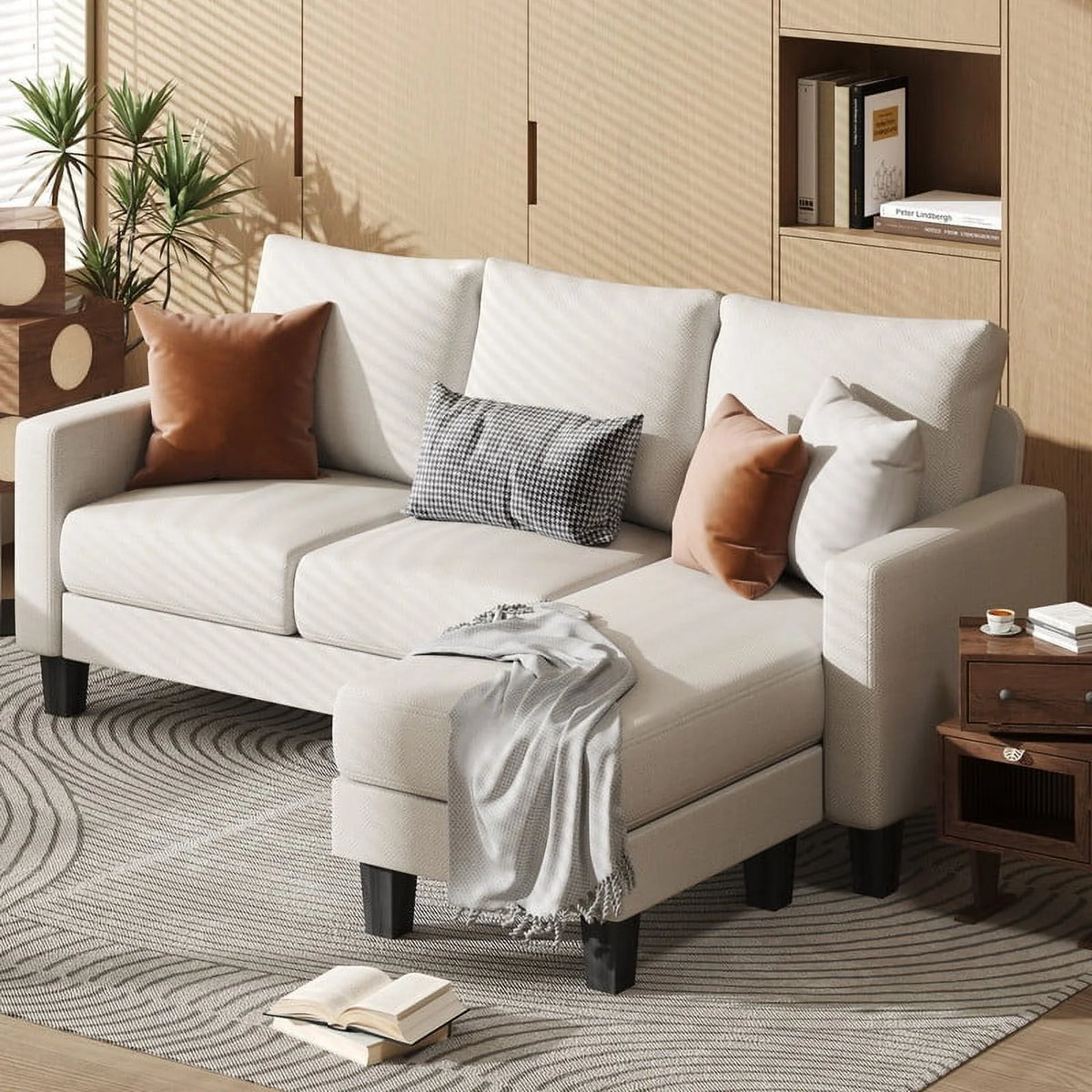 Modern Linen Fabric L-Shaped Sectional Sofa with Reversible Chaise, Dark Gray G386555