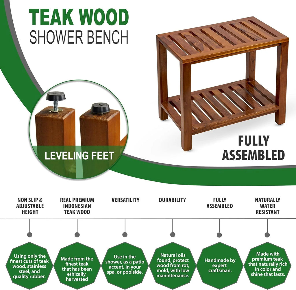 21 Inch Teak Wood Shower Bench with Shelf D67657